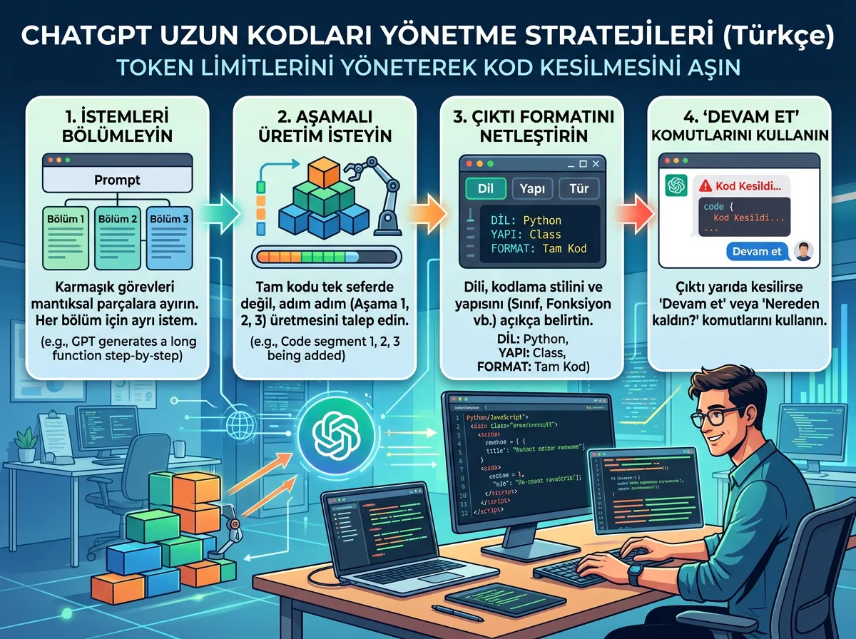 ChatGPT de uzun kod bloklarının kesilmesini aşmak i&ccedil;in istemleri b&ouml;l&uuml;mlere ayırma