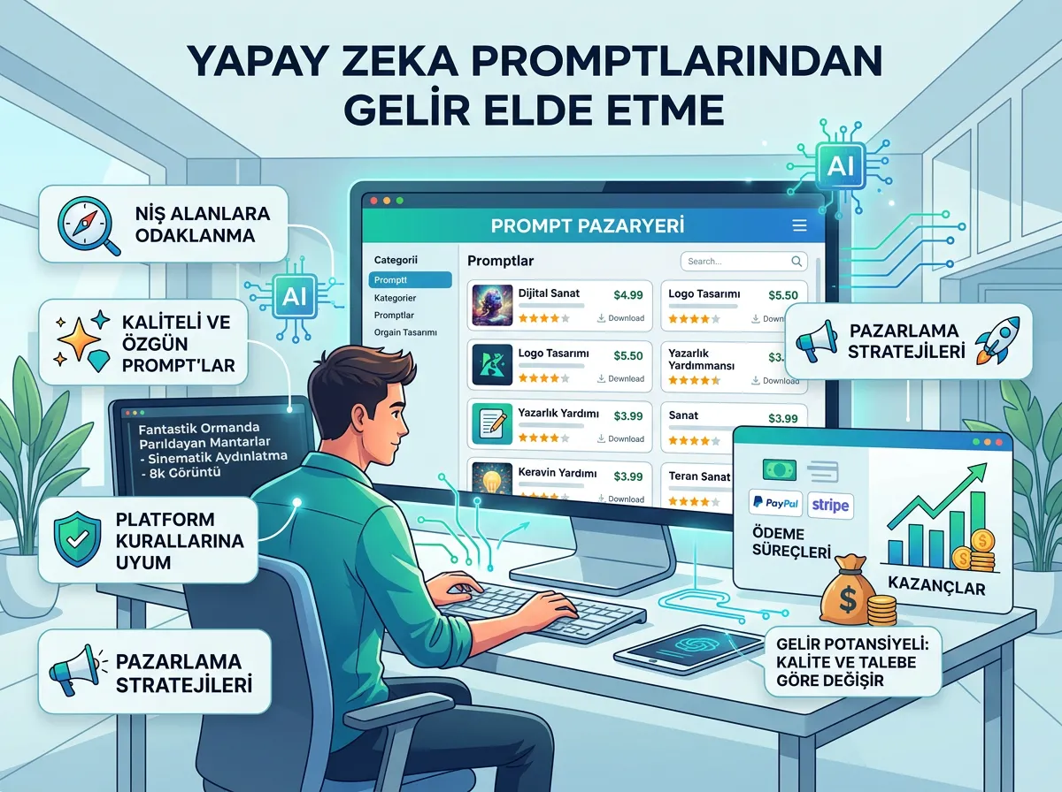 PromptBase gibi platformlarda yapay zeka i&ccedil;in &ouml;zel promptlar satarak gelir elde etme